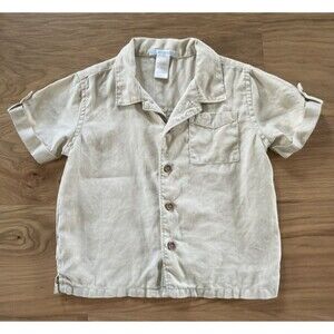 Janie and Jack Boy's 100% Linen Tan Button Up Short Sleeve Shirt 2T Minimalist